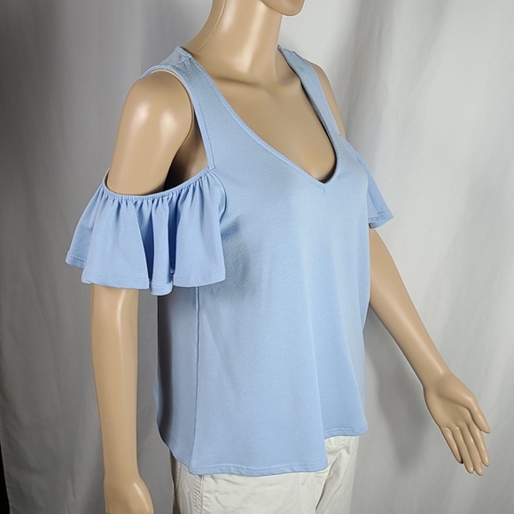 Everly | Sky Blue Ruffle Cold Shoulder V-Neck Tee - Picture 2 of 8